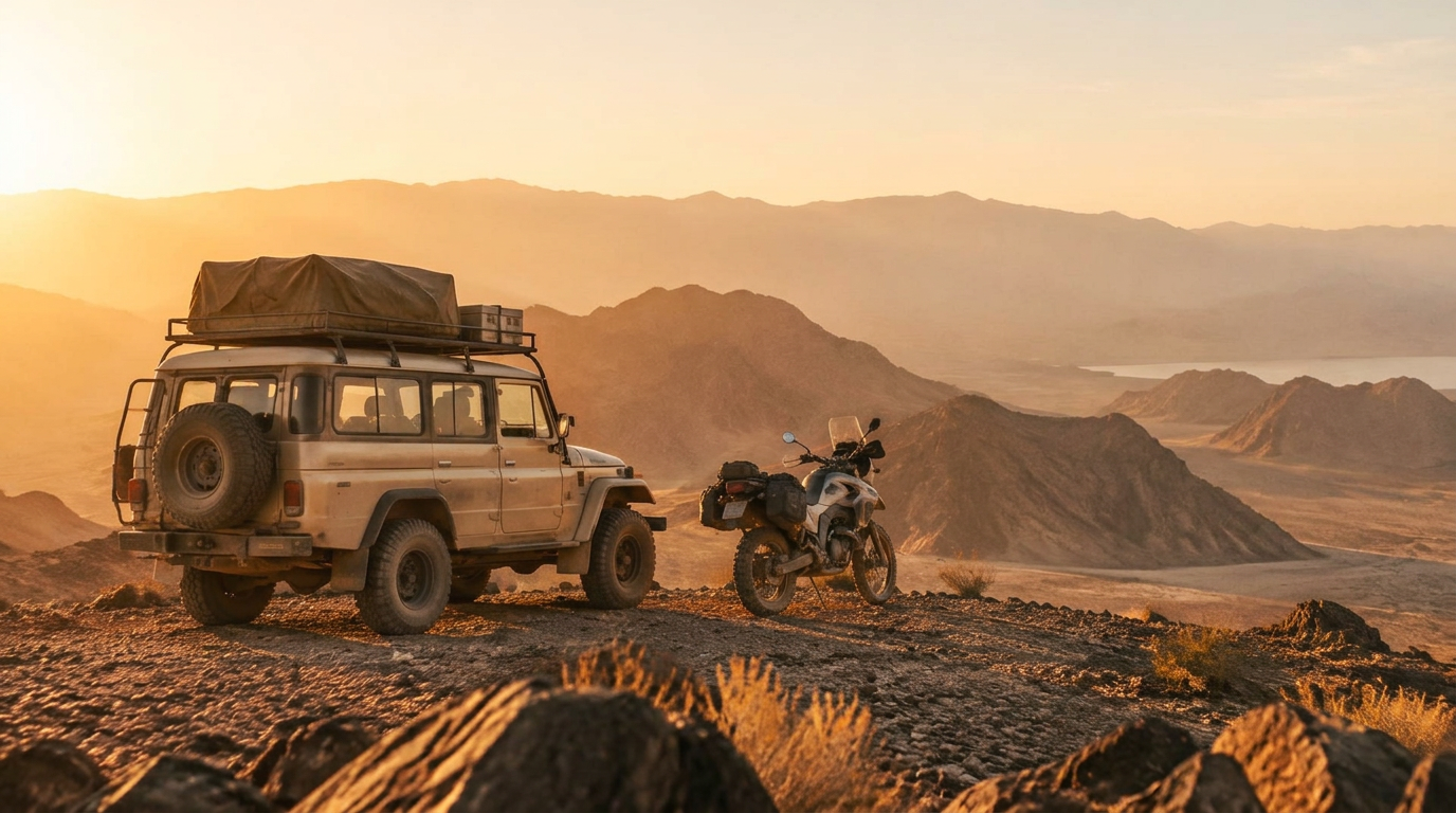 4x4 and adventure motorcycle on a desert ridge at sunset